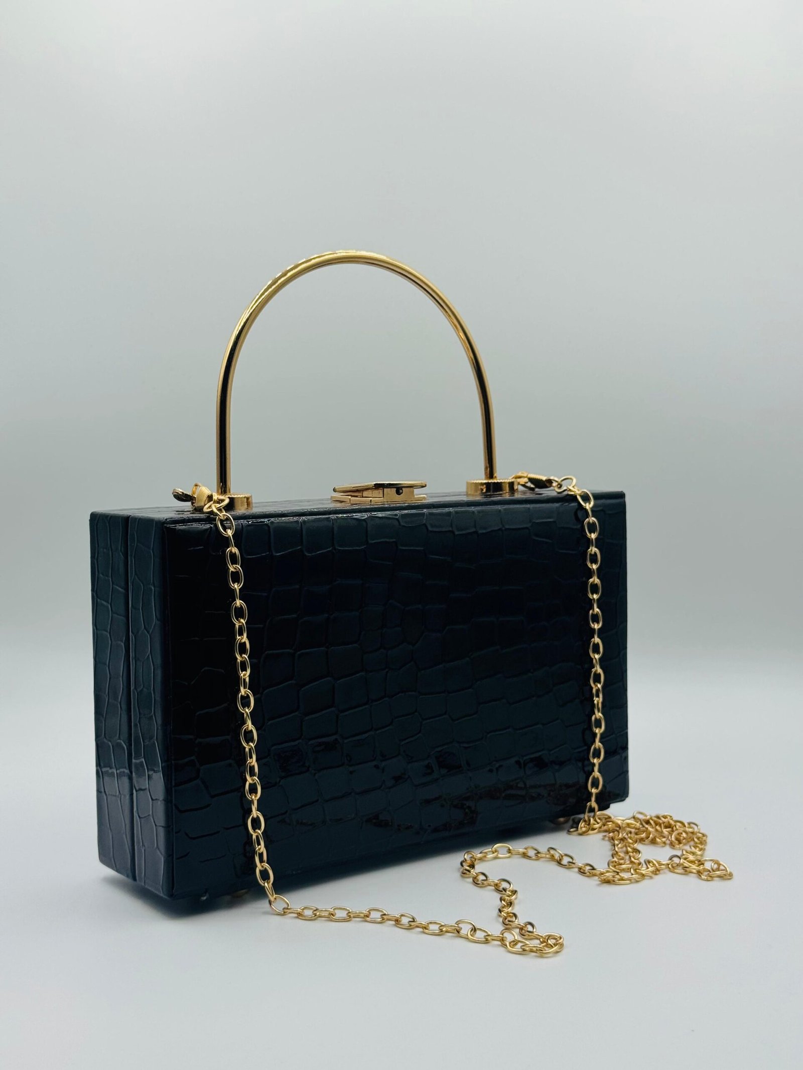 Black Croc Mini Handbag with Golden Chain
